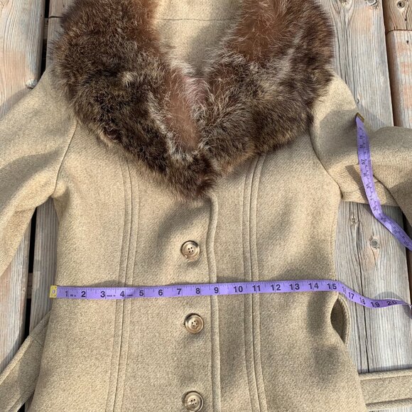 Vintage 50s 60s Union Made Oatmeal Wool Fur Trim Collar Long Belted Overcoat - Picture 12 of 16